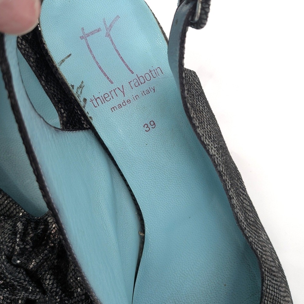 Thierry Rabotin Peep Toe Slingback Heels Black Textured Leather Bow Pumps Sz 8.5 - Picture 3 of 13